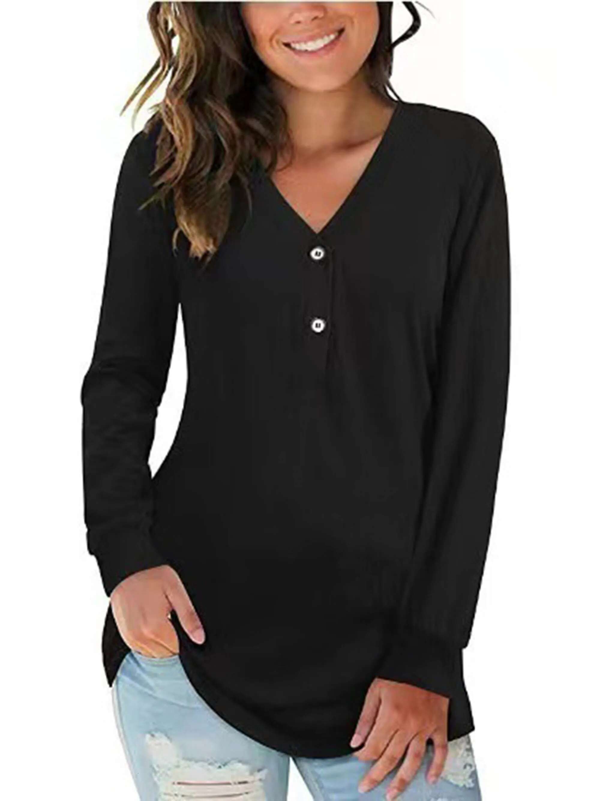 2024 Autumn Cross-Border New V-Neck Button Print Long Sleeved Contrasting T-Shirt Top For Women