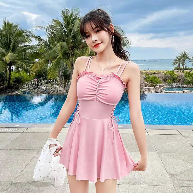 Women on the Beach Conservative Belly-covering Slimming Body Dress Style Angular Small Breasts Gathering Hot Spring SwimsuitW250214