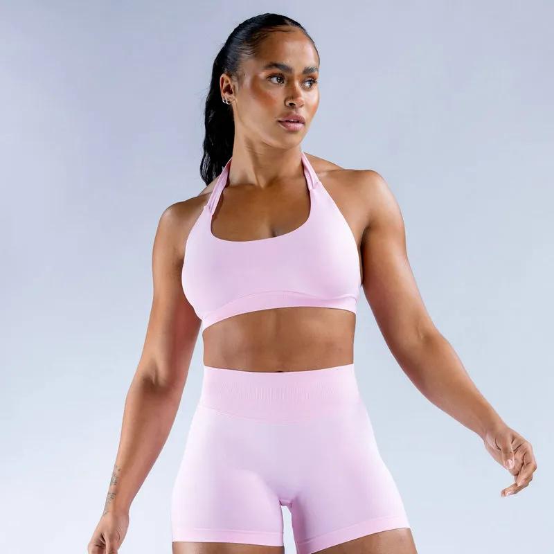 2pcs Impact Sports Set Seamless Yoga Sets Halter Bra High Waist Shorts Workout Sets Scrunch Shorts Summer Fitness Clothes Gym Suits Outfit Active Wear Hot Sell
