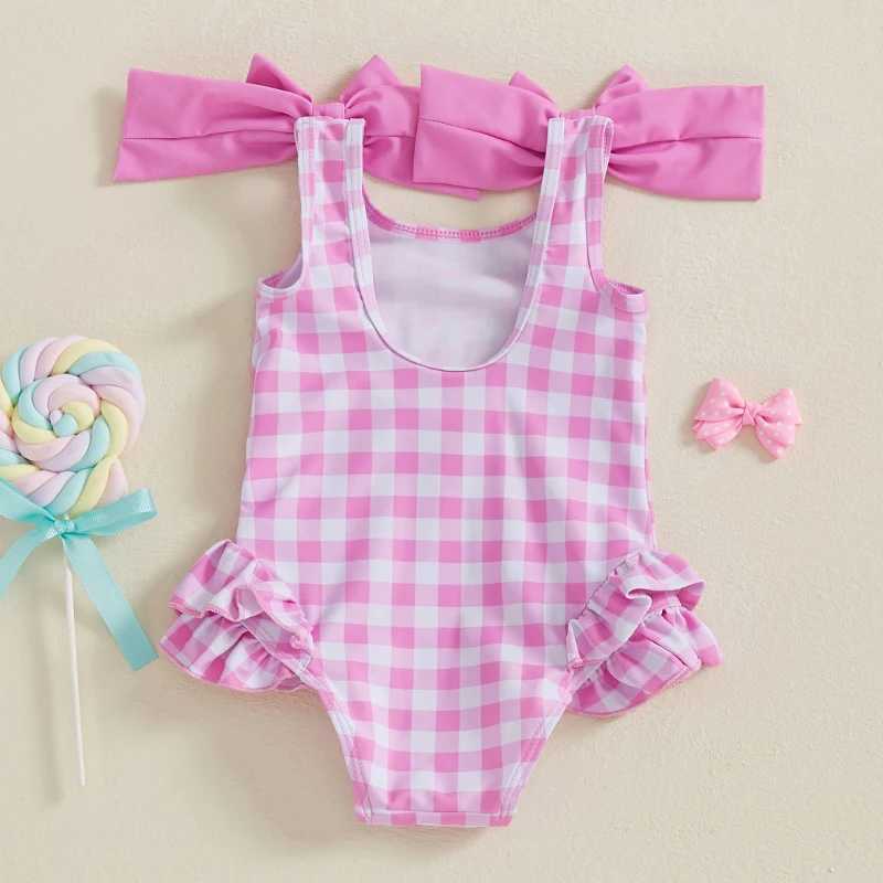 1-4Years Kids Baby Girls Swimsuits Cute Plaid Print Bowknot Shoulder Straps Ruffled Romper Bathing Suit Toddlers BeachwearXJ250214