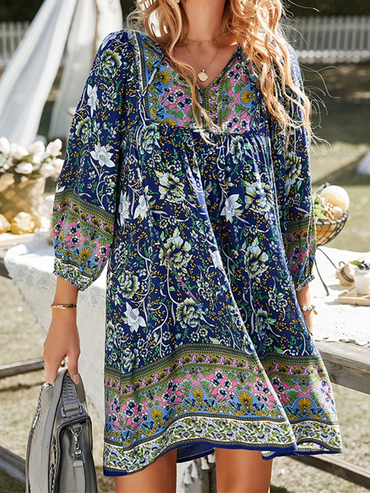 Fashion Beach Boho Vintage Floral Print A-Line Dress Summer Fall Casual Women Long Sleeve Tie Up V Neck Loose Mini Dress 250213