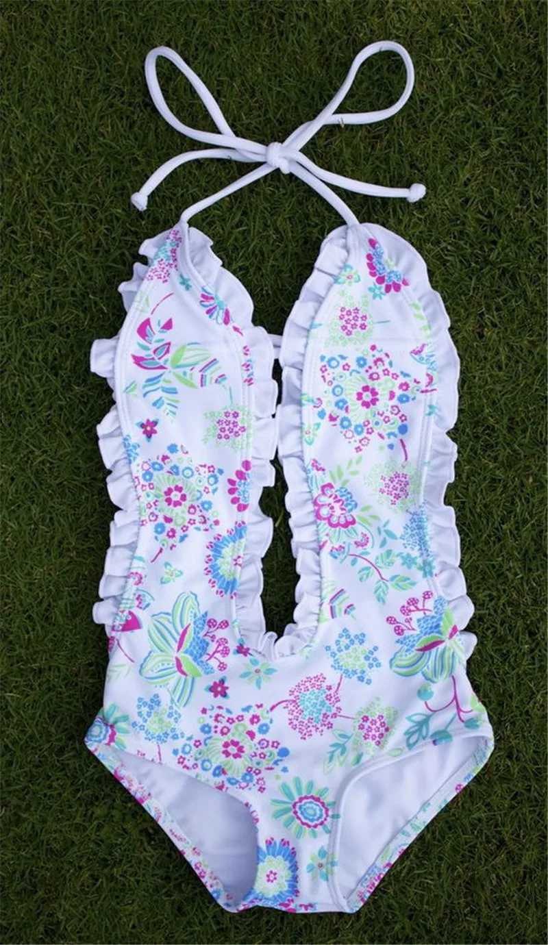 1-6years Kids Girls Swimwear Bodysuit Floral Printed Sleeveless Backless Bandage Ruffled One_piece Swimsuit For Infant GirlsXJ250214