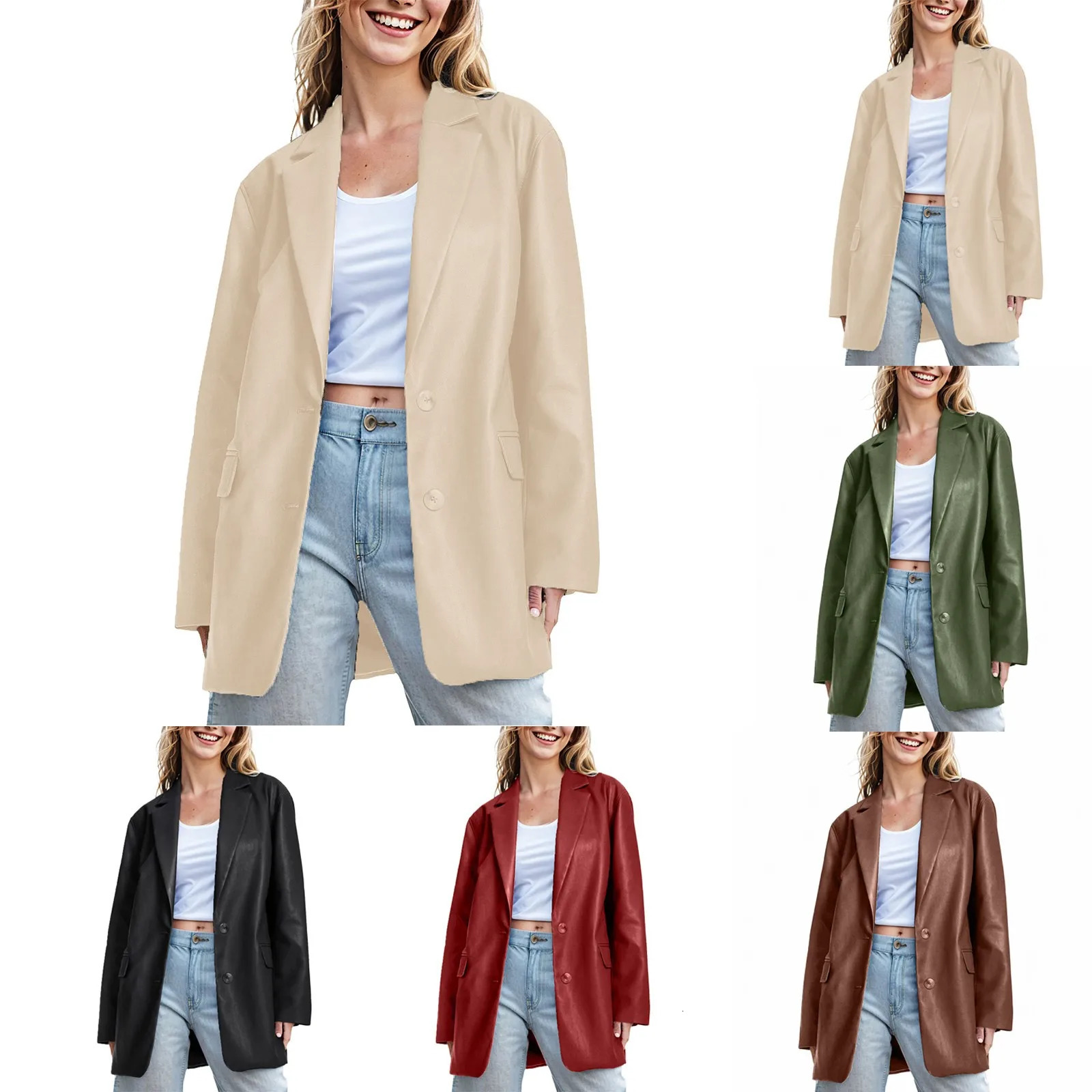 Women Casual Leather Jackets Solid Color Turn Down Neck Long Sleeve Button Suit Fashion Pu Faux Jumper Coat 250211