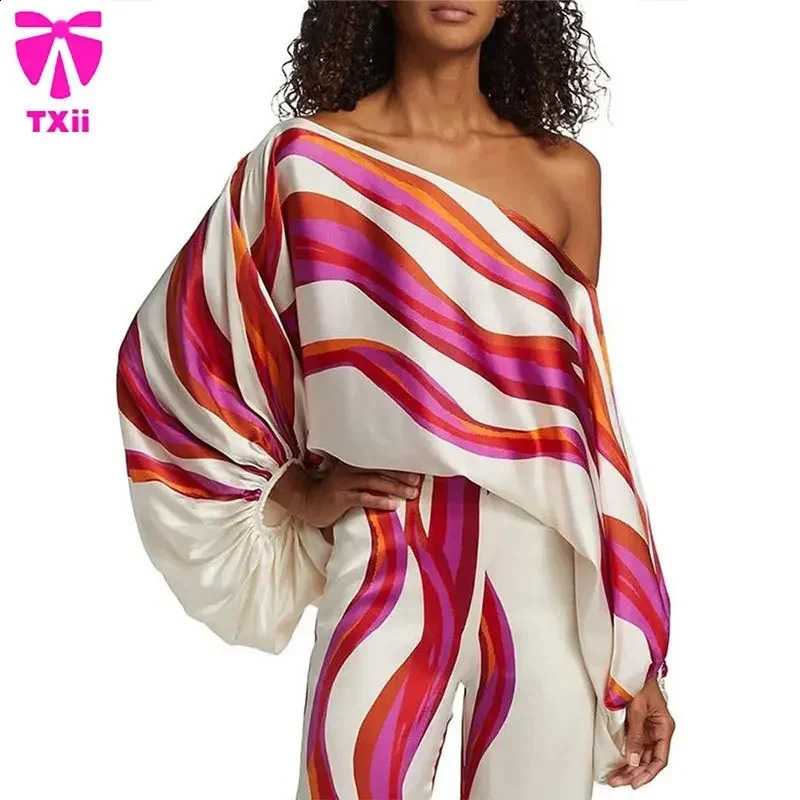 Office Womens 2-piece Set Casual Wide Leg Pants Set Printed Satin Set Lantern Sleeves Off Shoulder Long Sleeve 250210