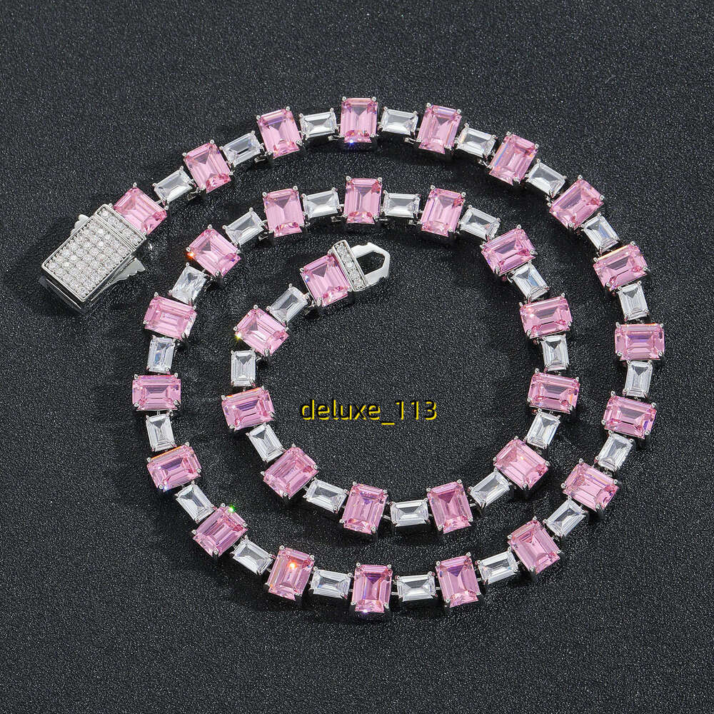Hip hop pink color blocked square Moissanite simple tennis personalized moissanite collarbone chain hip-hop trendy brand necklace