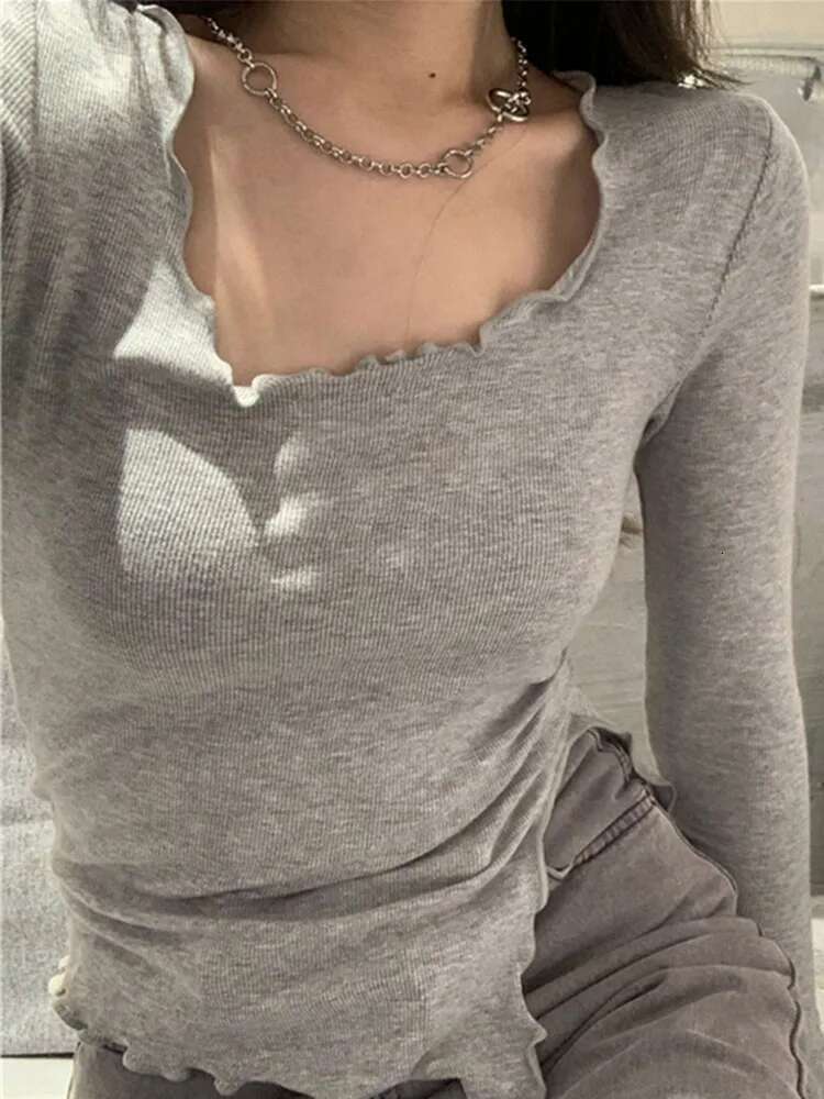 Long Sleeve T-Shirts Women Fungus E Irregular Hem Knitted Slender Autumn Bottoming Tees Chic Fashion Sexy Solid Ulzzang New