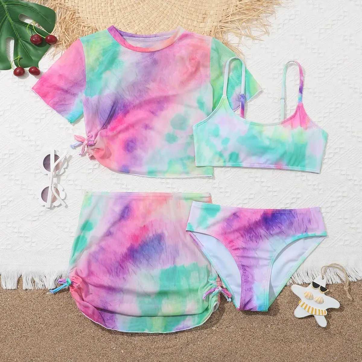 Girls 4 Pack Tie dye Print Short Sleeve Bikini with Skirt Drstring Swimsuit 7-12 Years Childrens Swimwear Kids Bathing SuitXJ250214