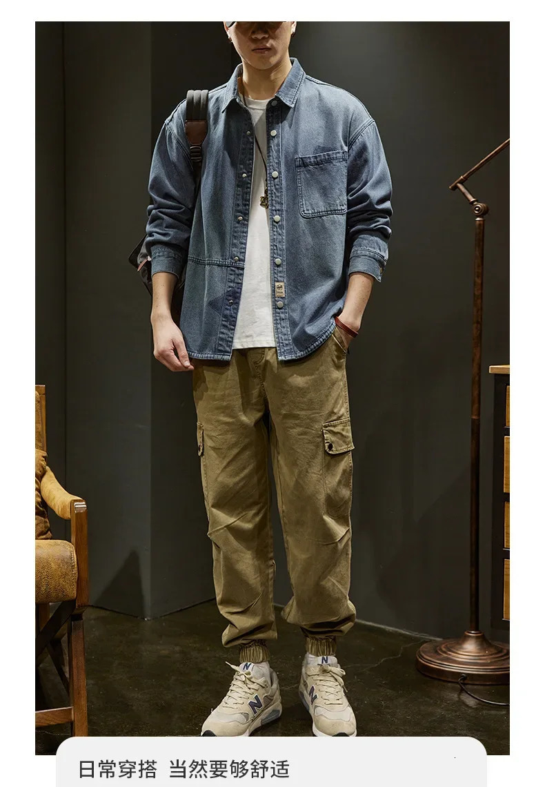 Spring jacket mens denim shirt long sleeved lapel casual retro clothing multi pocket 250212