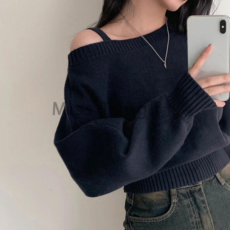 Winter Solid Retro Knitted Floral Womens Sexy Off Shoulder Sweater Fashion Y2k Top Womens Fashion Casual Clothing 250210