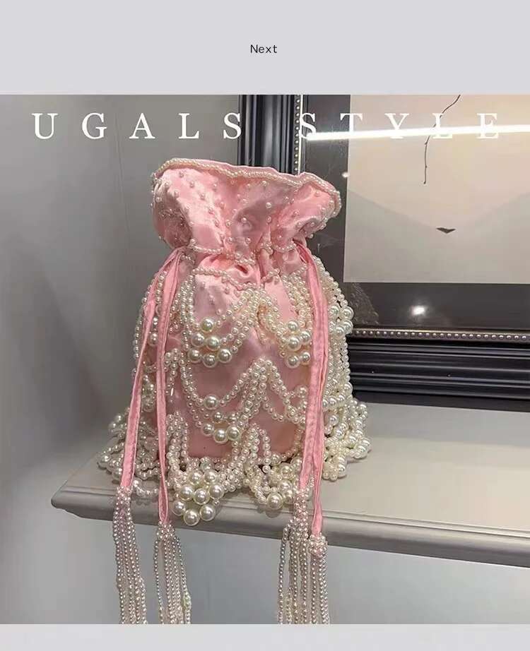 Women's Handbag Satin String Bucket Pearl Beading Tassel Handmade Evening Wedding Party Clutch Purse Shoulder Bag