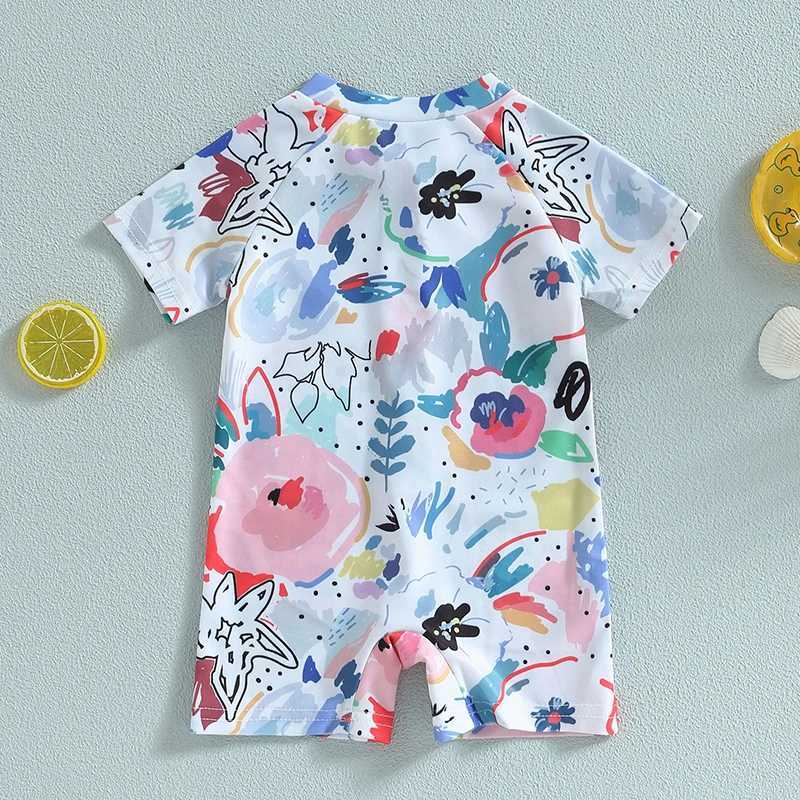 Infant Baby Girls Boys Rash Guard Swimsuit Playsuits Watercolour Print Zipper Short Sleeve Sun Protection Bathing Suit 0-3TXJ250214