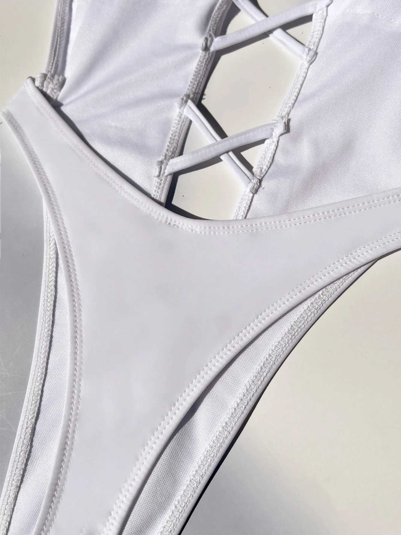 sexy solid cross backless swimsuit one piece bikini thong swimwear bodysuits women biquini bathing suits black and white 2 colorT250214