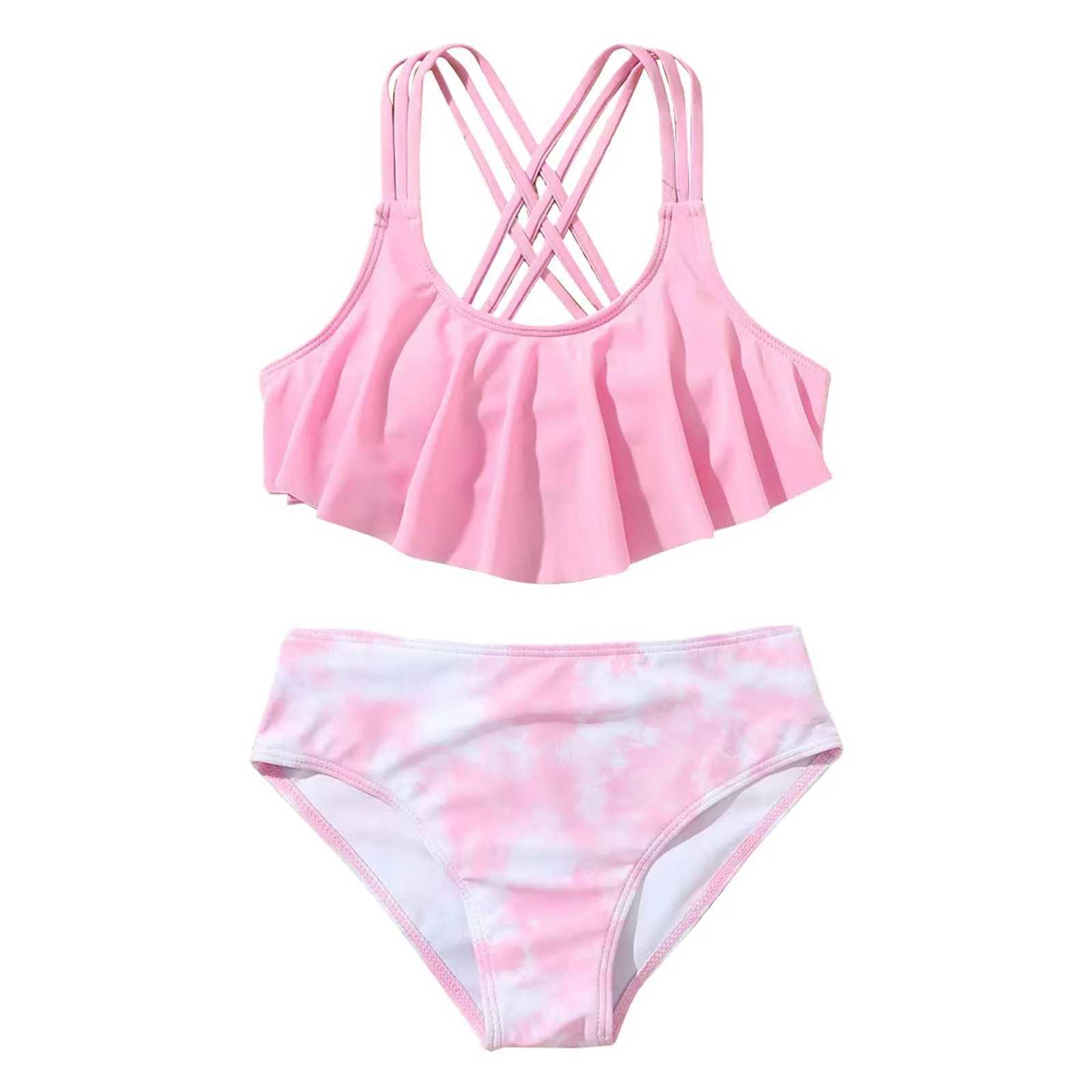 Kid Bikini Summer New Ruffles With Chest Pad No Steel Top + Tie Dye Swimming Trunks Fashion Girl Swimsuit Swim Suit GirlsXJ250214