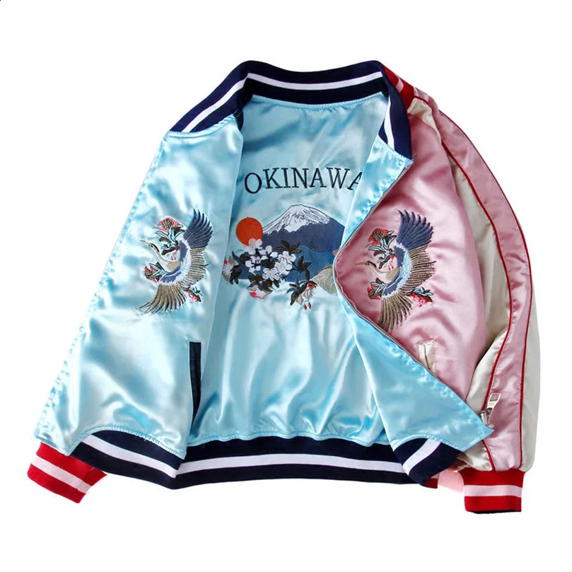 Double Sided Satin Baseball Jacket Women Sukajan Bomber Female Girls y Coat Spring Autumn Pink 250213