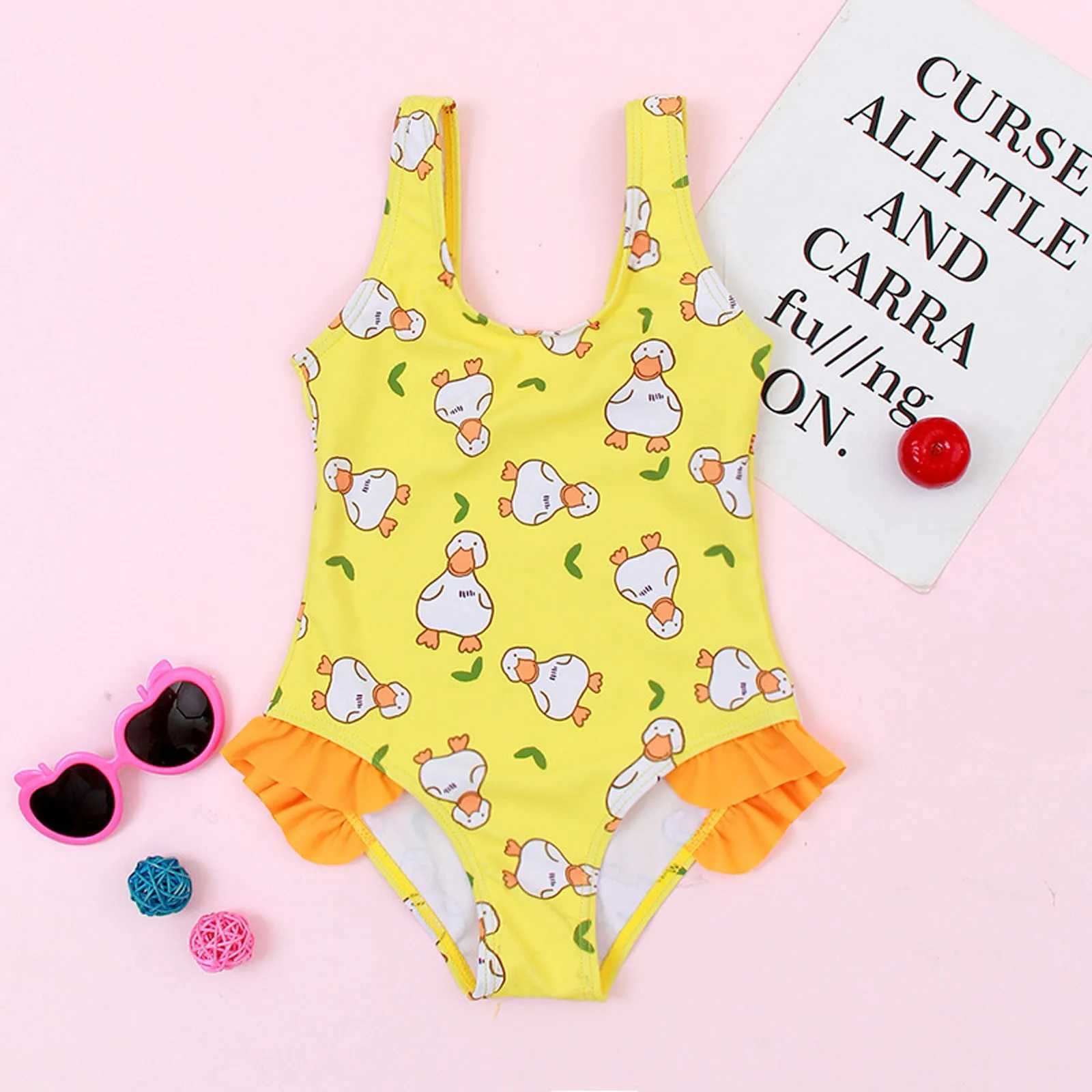 Swimsuit With Short Summer Toddler Girls Prints Ruffles 1 Piece Swimwear Beach Onesie Swimming Suits For Girls Size 8XJ250214