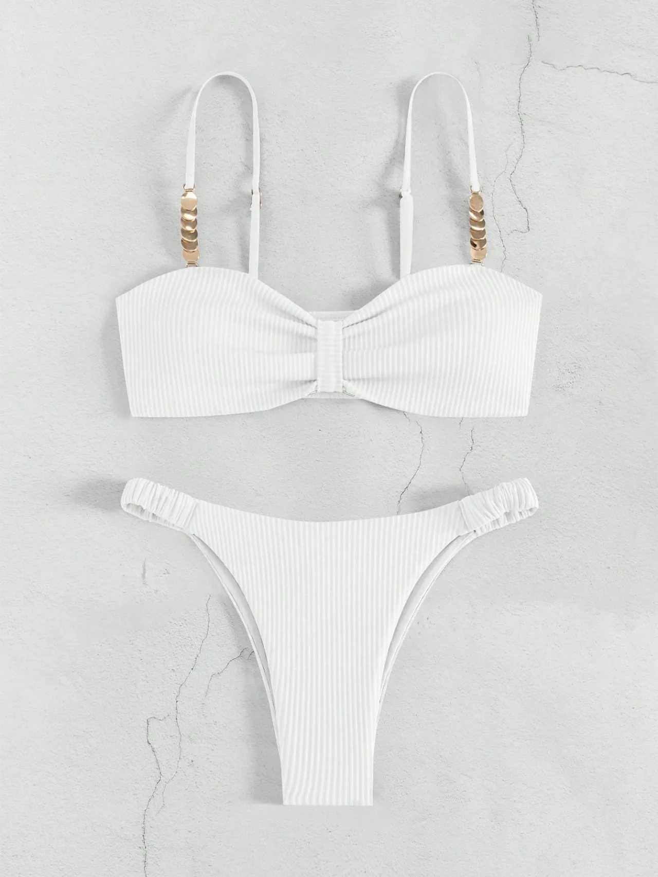 Sexy Front Bow Push Up Bikini Set 2025 Women Metal Strap Hollow Out Bra Pleate Thong Swimsuit Summer Bathing Suit White SwimwearW250214