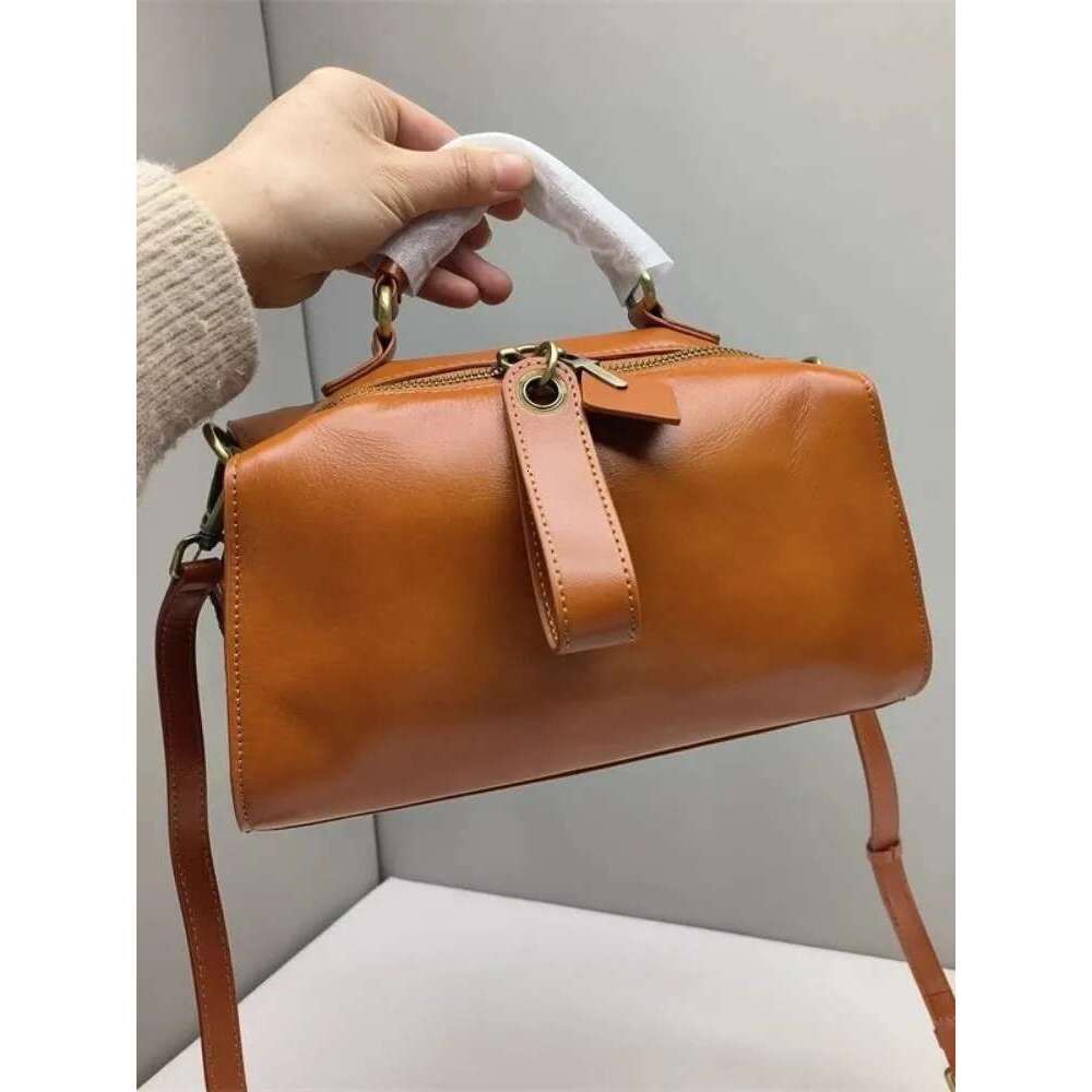 Office Ladies Design Casual Boston Pillow Bag Genuine Leather Handbag Tote Women Vintage Single Shoulder Zipper Genuine Leather