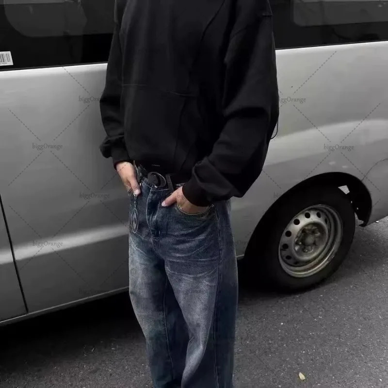 High Street Trend Y2K Streetwear Retro Harajuku Solid Color Splicing Oversized Sweatshirt Men Cotton Casual Hoodie 250214