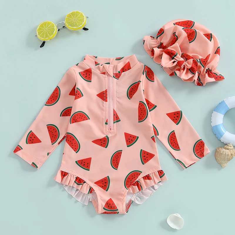 MISOWMNJOY Baby Girls Swimwear with Swim Caps Fashion Summer Rash Guard Swimsuit Fruit Print Long Sleeve Zipper Kid Bathing SuitXJ250214