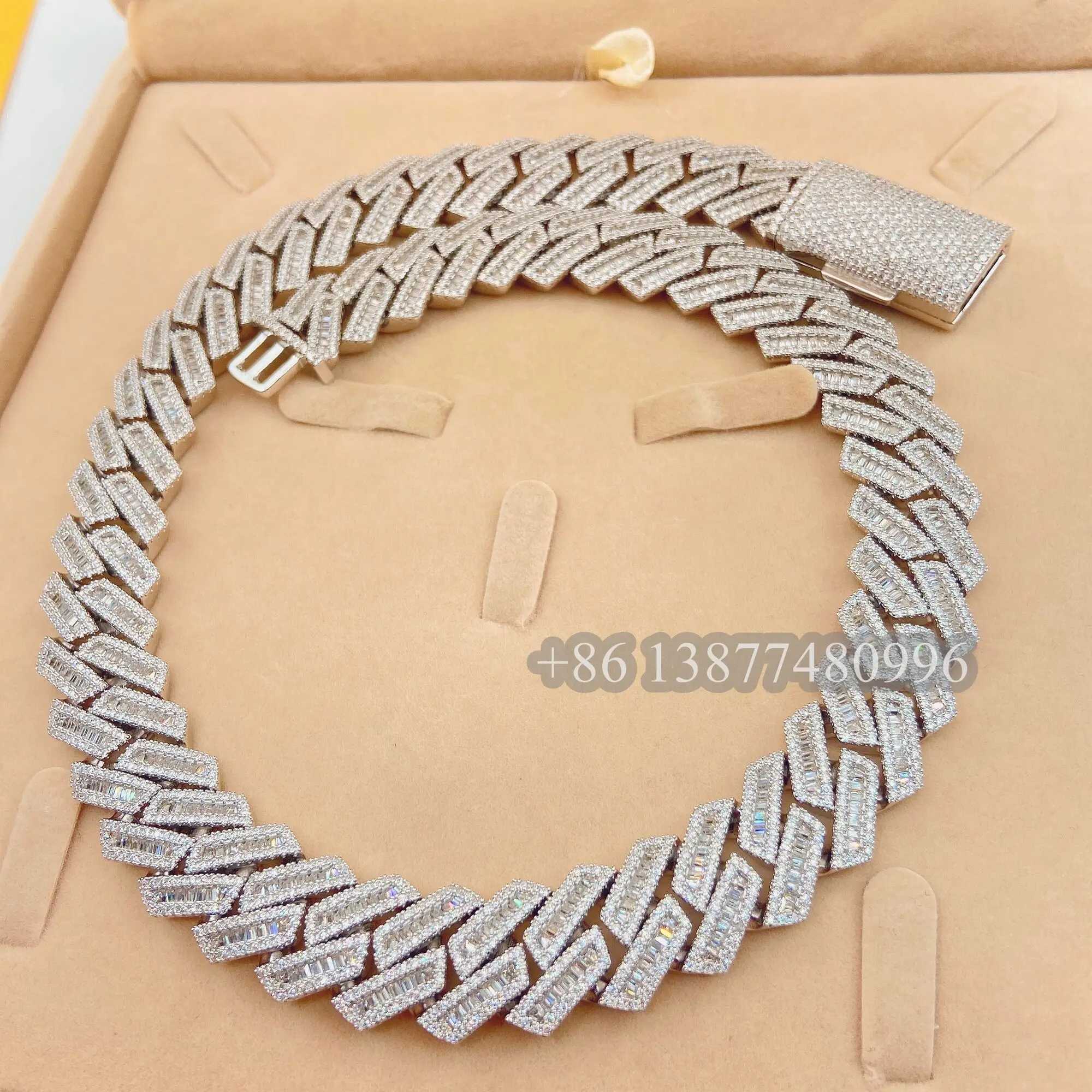 Design Jewelry Silver 925 Vvs Round and Baguette Moissanite Cuban Link Diamond Chain Hip Hop Necklace