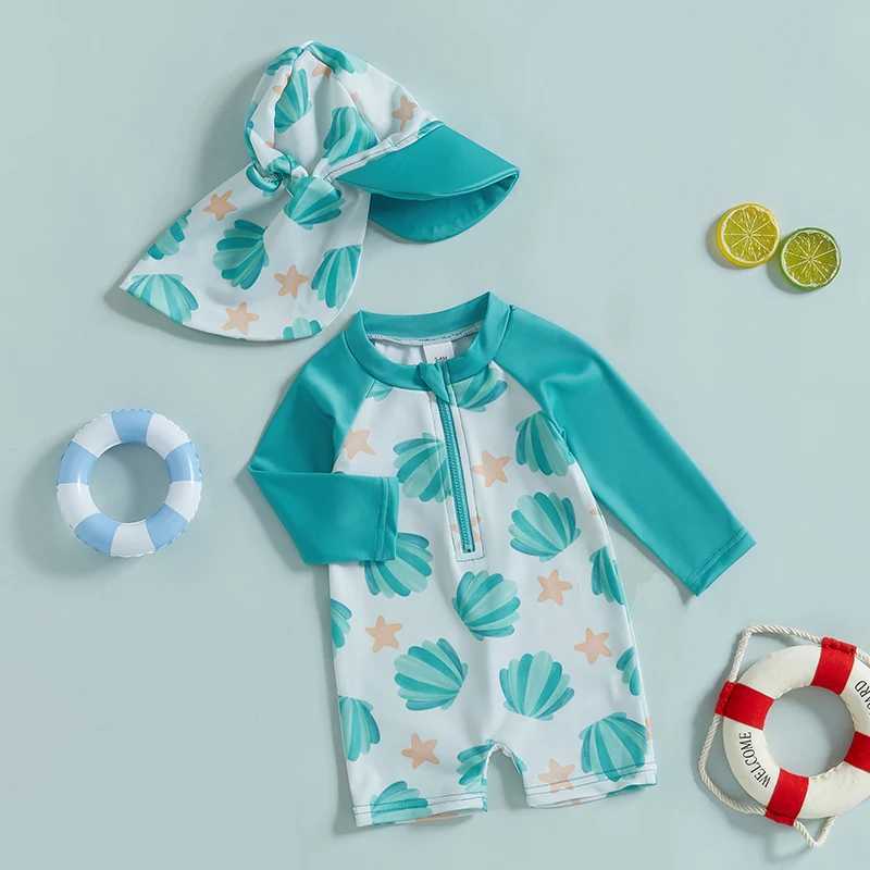 0-5Y Kids Boys Long Sleeve Swimwear Summer Shell Print Zipper Rash Guard Swimsuit and Hat Beachwear Bathing SuitXJ250214