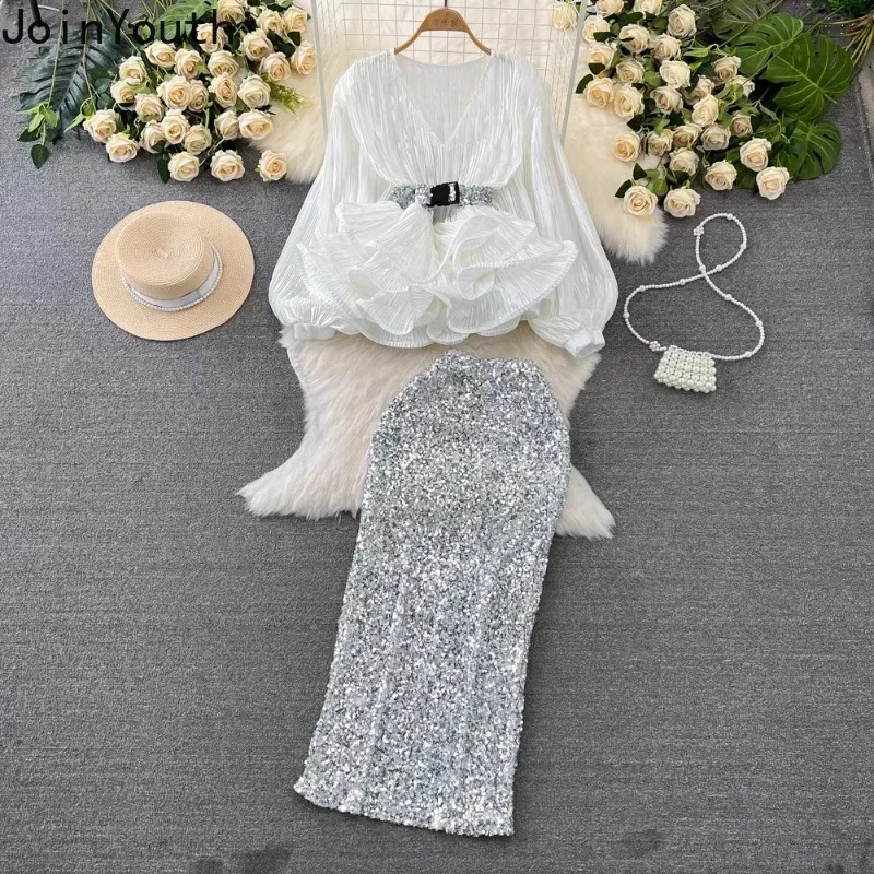 Fashion 2 Piece Sets Women Lantern Sleeve V-neck Ruffles Tops High Waist Bodycon Sequined Skirt Outfits Temperament Korean Suit 250210