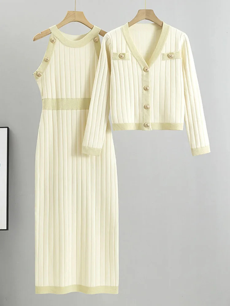 Elegant ultra-thin knitted 2-piece set for womens O-neck sleeveless knitted dress Conjuntos Korean long sleeved short cardigan top set 250210