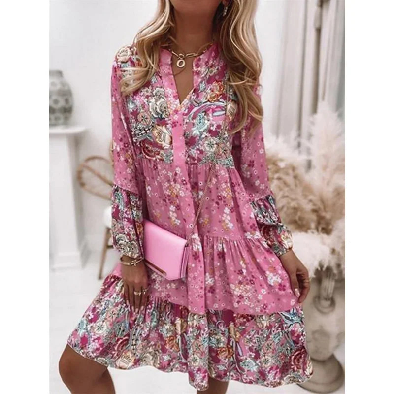 Womens Spring and Autumn Knee Length Dress Sexy V-neck Style Sweet Printed Temperament Long Sleeve Swing Dress Boho Dress 250213