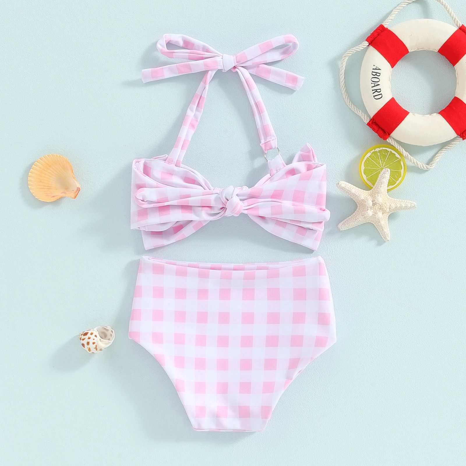 2024 New Little Baby Girls Summer Bikini 2 Pcs Set Toddler Flower/Plaid Print Sleeveless Bow Bikini Tops with Shorts SwimsuitXJ250214