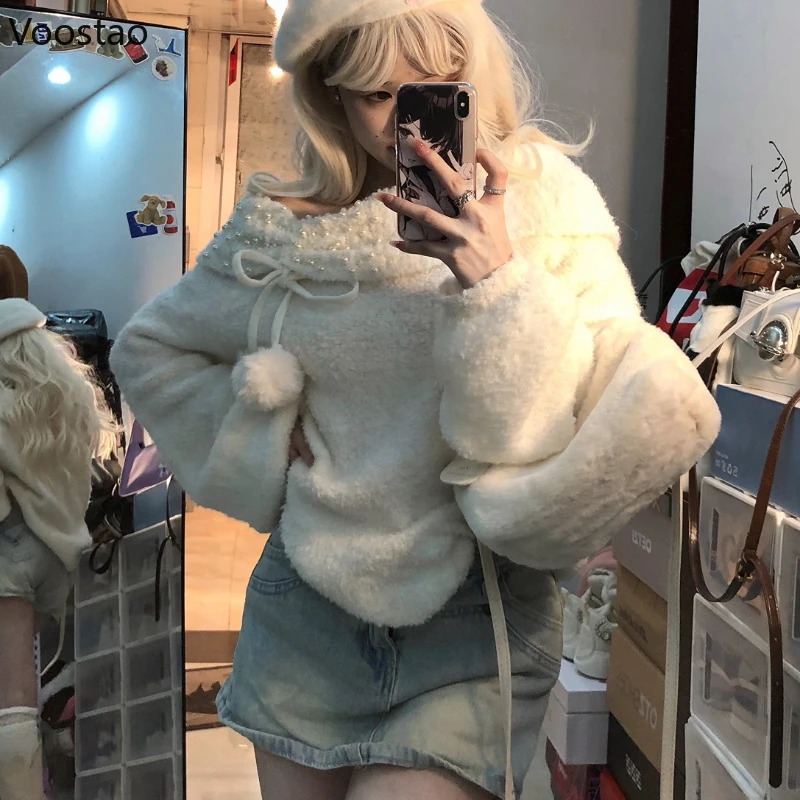 Harajuku Knitted Sweaters Autumn Winter Y2k Off Shoulder Long Sleeves Pearl Plush Ball Sweet Pullovers Women Casual Knitwear Top 250210