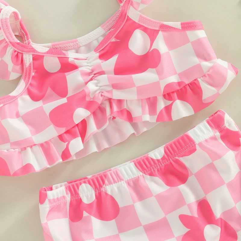 Toddler Baby Girls Swimwear Bikini Set Flower Plaid Print Fly Sleeve Camisole with Briefs Bathing Swimsuit for Summer BeachwearXJ250214
