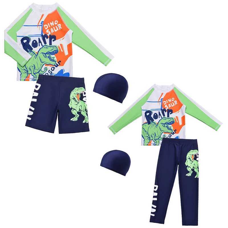 3 Pcs Boy Swimsuit Sun Protection UPF 50+ Long Sleeve Swimming Sunsuit Hat Split Bathing Suits Children Dinosaur ShortsXJ250214