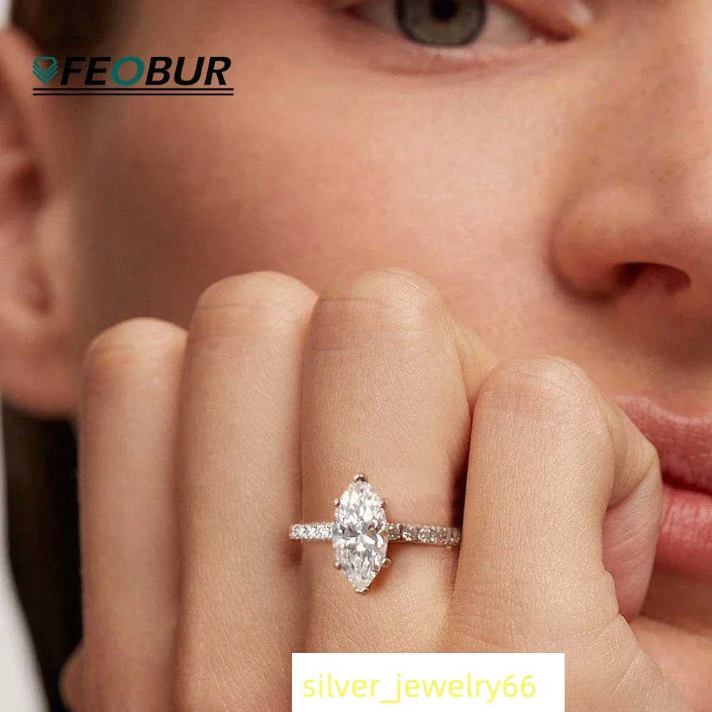 FEOBUR 2CT Marquise Moissanite Rings for Women Gift 925 Sterling Silver Lab Diamond Engagement Wedding Band with GRA Certificate