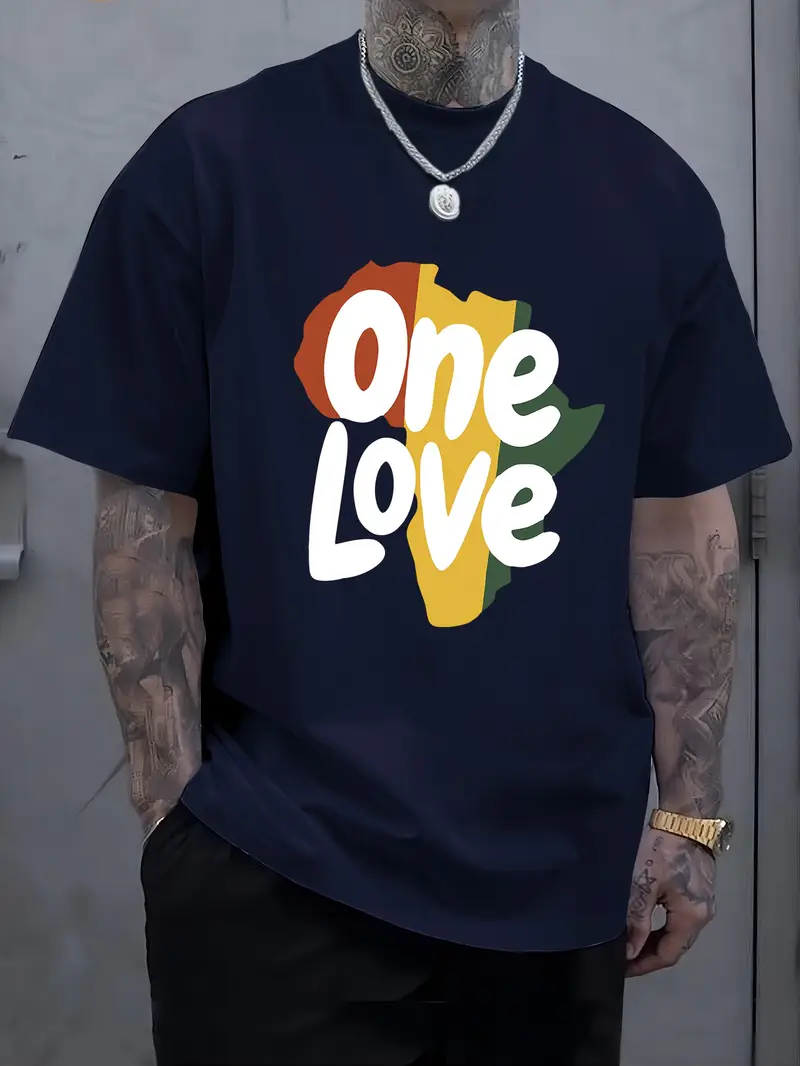 One Love Print Short Sleeve Tee One Love Letter Print Men's Short Sleeve T-Shirts, Comfy Casual Elastic Crew Neck Tops For Men's Outdoor Act