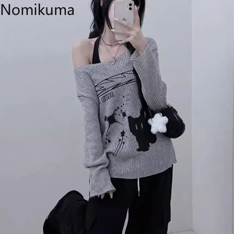 Streetwear Pullovers Womens Clothing Slash Neck Long Sleeve Jumper Pull Femme Off Shoulder Chic Knit Sweater Tops Sueter Women 250210