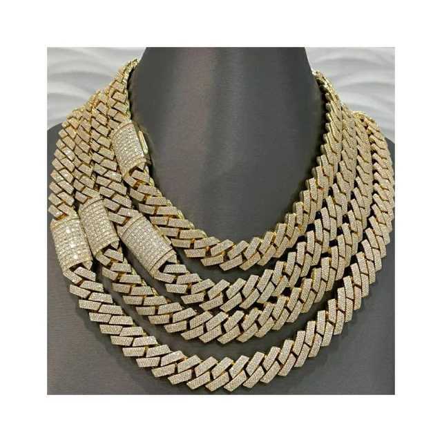 14mm 3 Row Miami Cuban Link Chain Vvs Moissanite Diamond Stubbed 925 Sterling Silver White Gold Plated 18-24 with Baguette Lock.