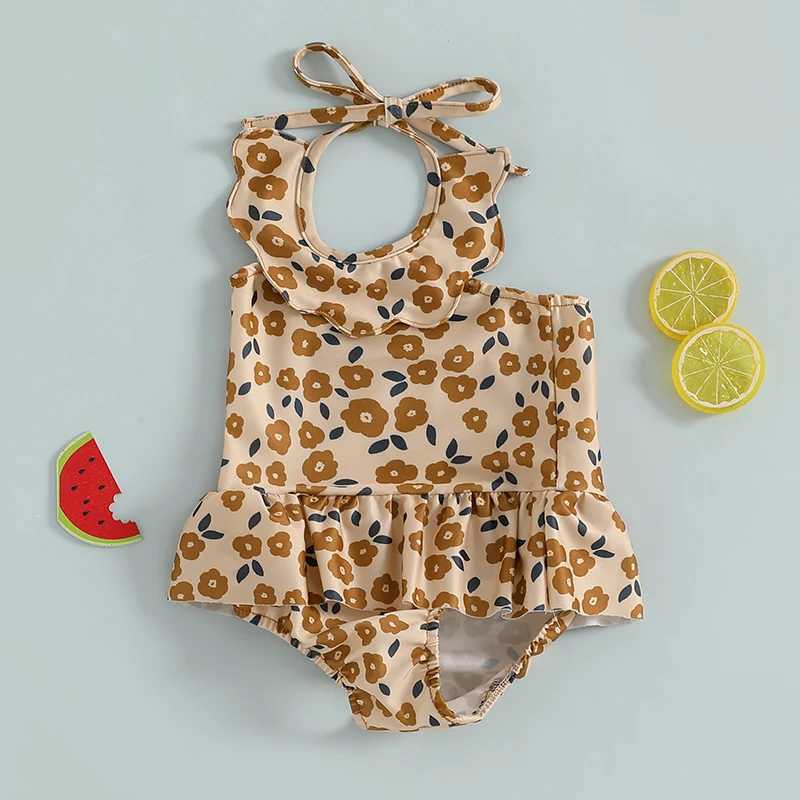 0-3T Toddler Girl Halter Neck Swimsuit Floral Print Romper Dress Bathing Suit Ruffled BeachwearXJ250214