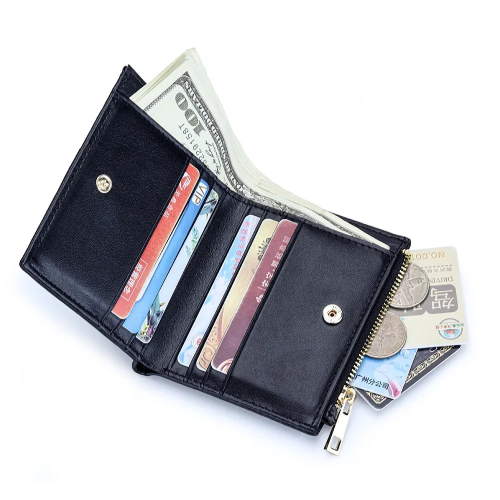 Women Genuine Leather Wallet High Quality Sheepskin Small Bifold Zipper Pocket Wallet Card Case Purse with Zipper Short Wallet 250207