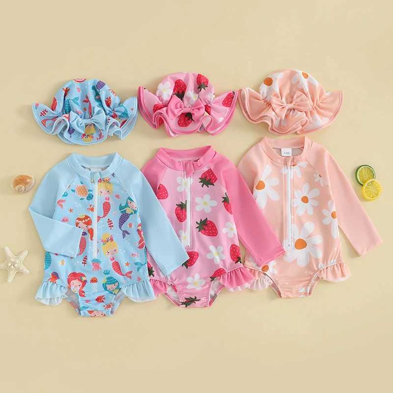 Suefunskry Baby Girls Swimsuit Strberry Flower Print Bikini with Hat Newborn Long Sleeve Romper Swimwear for BathingXJ250214