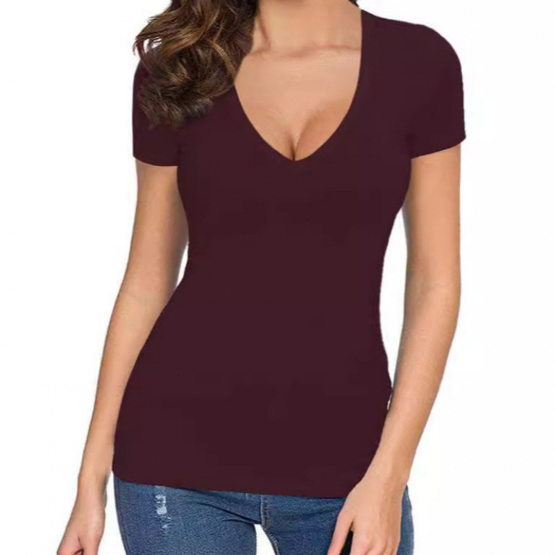 Designer Free Shipping Fashion Casual Versatile 2025 Spring/summer V-neck Sexy Solid Color Basic Slim Fit T-shirt
