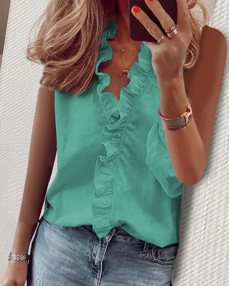 Plus size summer shirt European and American casual sleeveless V-neck shirt Womens commuting solid color printed loose top 250210