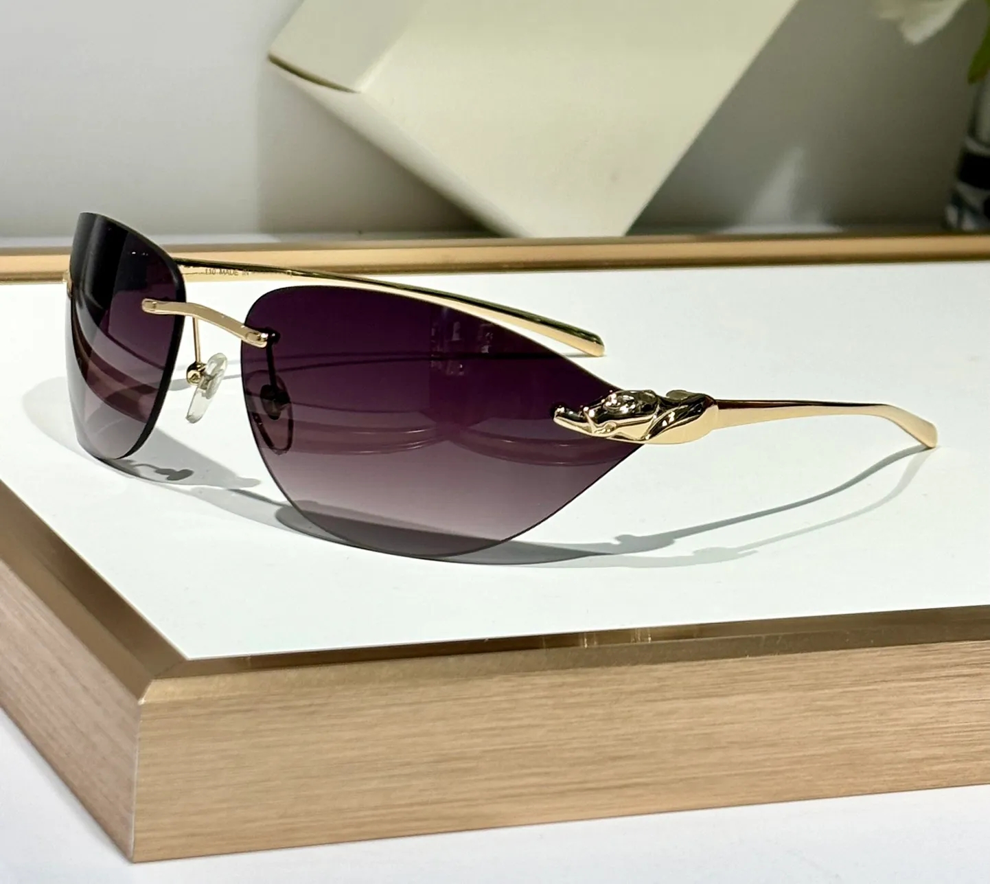 Gold Purple Rimless Sunglasses for Men Women Stylish Glasses Designer Sunglasses Summer Sunnies UV400 Eye Protection with Case