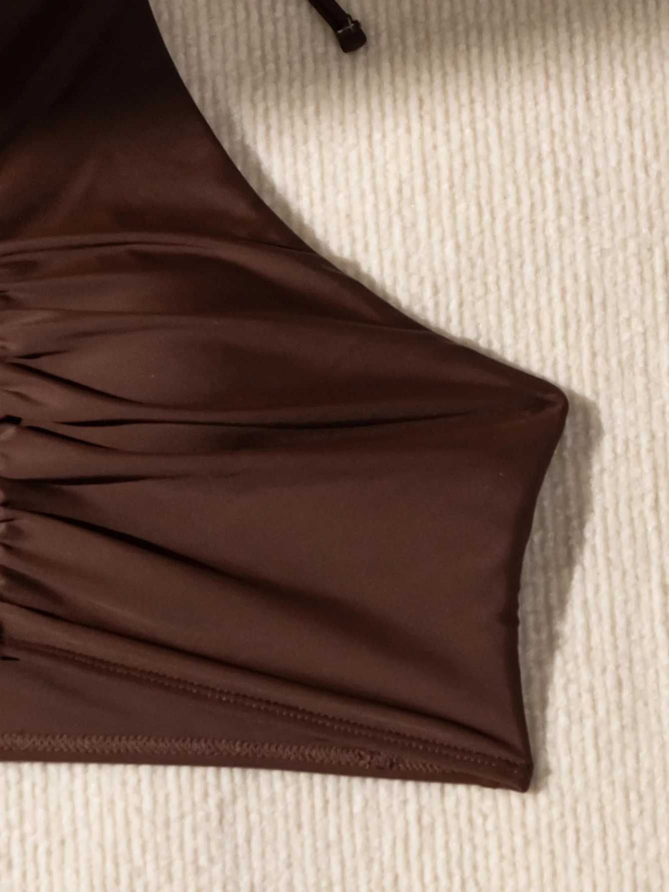 Sexy Halter Pleate Bikini Set 2024 Women Coffee Push Up Crop Top with High Waist Swimsuit Summer Holiday Bathing Suit SwimwearW250214