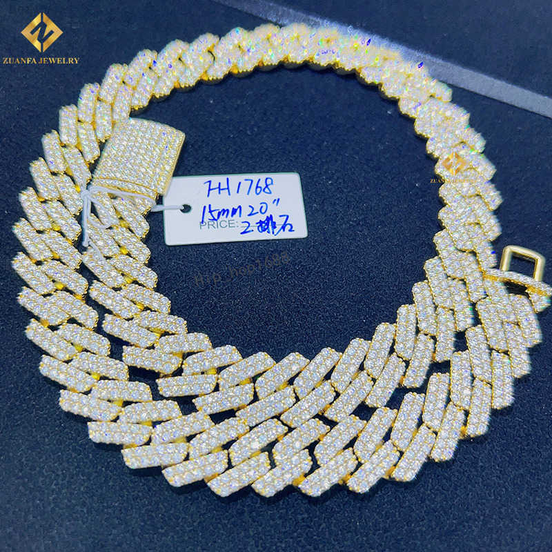 Hiphop Jewelry 15mm Iced Out Vvs Moissanite Chain 925 Sterling Silver Miami Cuban Chain Necklace