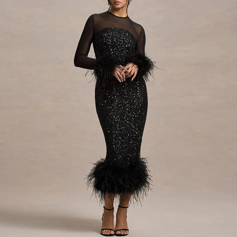 Spring Sequin Patchwork Mesh Party Dresses Women Sexy O Neck Button Hollow Long Dress Autumn Sleeve Feather Slim Hip 250214