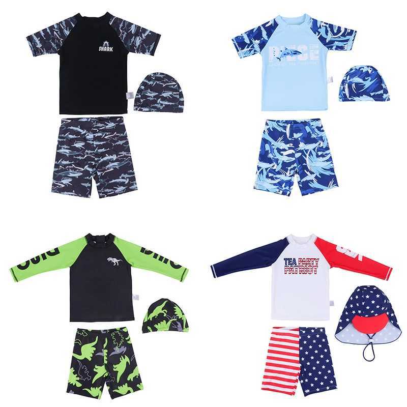 3 Pcs New Boys Swimsuit Sun Protection UPF 50+ Short Sleeve Swimming Sunsuit With Hat Split Bathing Suits ChildrenXJ250214