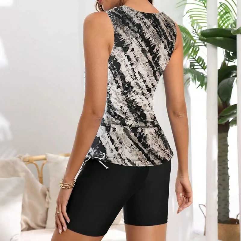 2025 Printed Tankini Set Two Pieces Swimsuit Women Drawstring Swimwear Female Long knee Shorts Bathing Swimming Swim SuitW250214