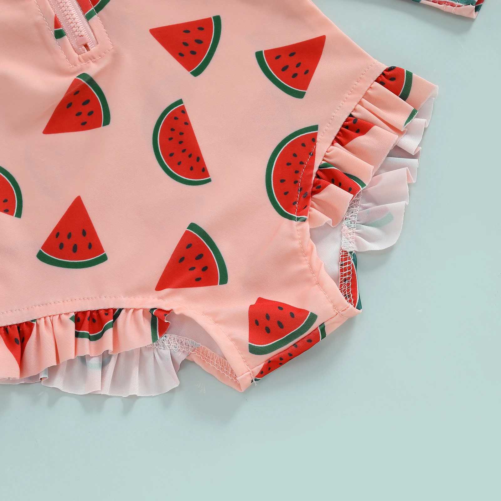 MISOWMNJOY Baby Girls Swimwear with Swim Caps Fashion Summer Rash Guard Swimsuit Fruit Print Long Sleeve Zipper Kid Bathing SuitXJ250214