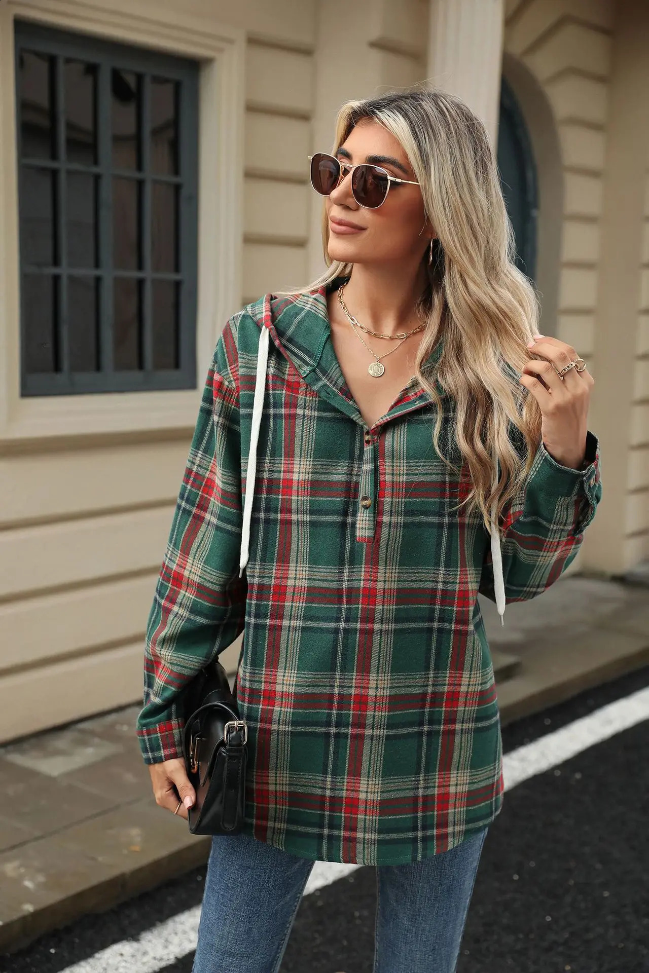 Autumn and winter loose long sleeved hooded button checkered coat casual hoodie for women 250213