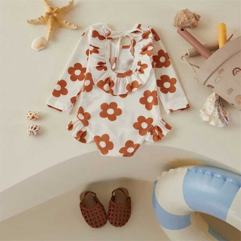 Tregren Toddler Baby Girls Spring Summer Romper Swimwear Long Sleeve O Neck Floral Swimsuit Beach Pool Hot Spring Bathing SuitsXJ250214